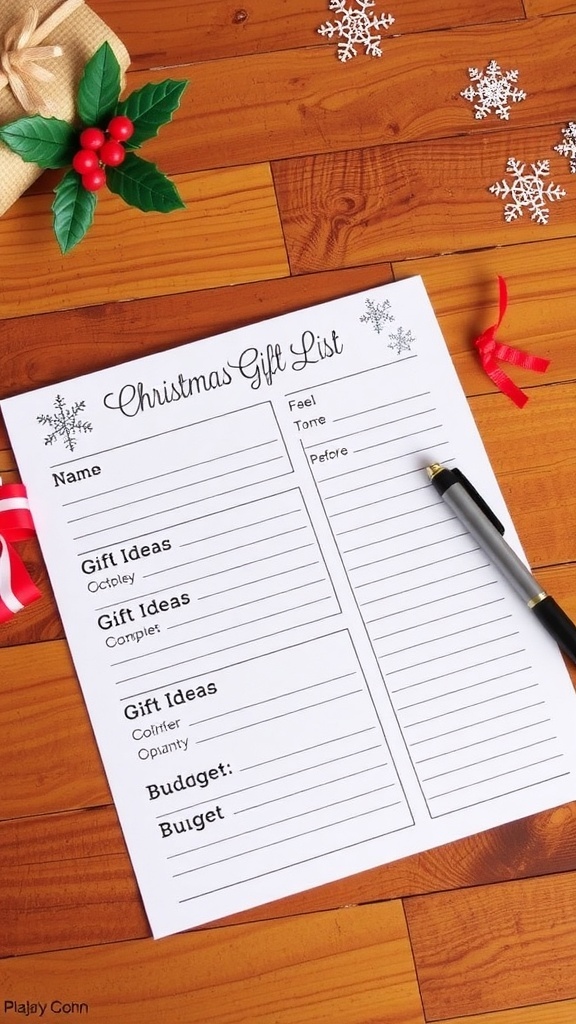 Printable Christmas gift list template on a wooden table with festive decorations.